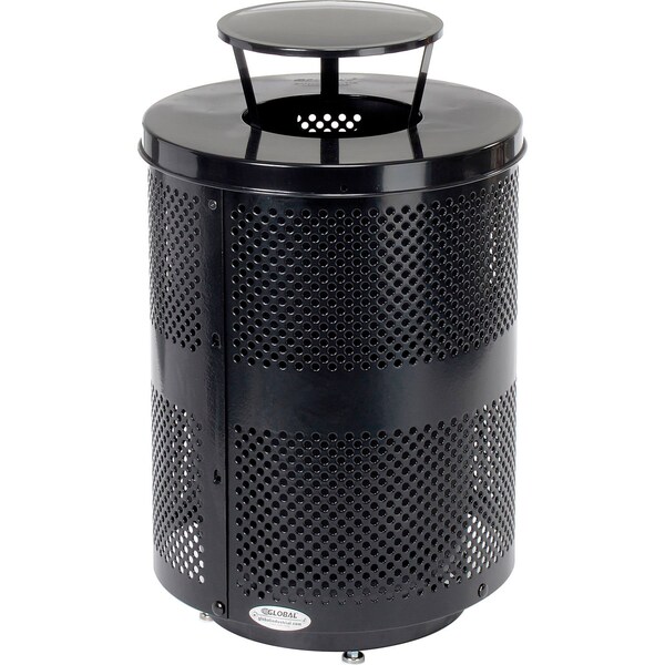 Global Industrial Outdoor Perforated Steel Trash Can W/Rain Bonnet Lid & Base, 36 Gallon, Black 261927BKD - main
